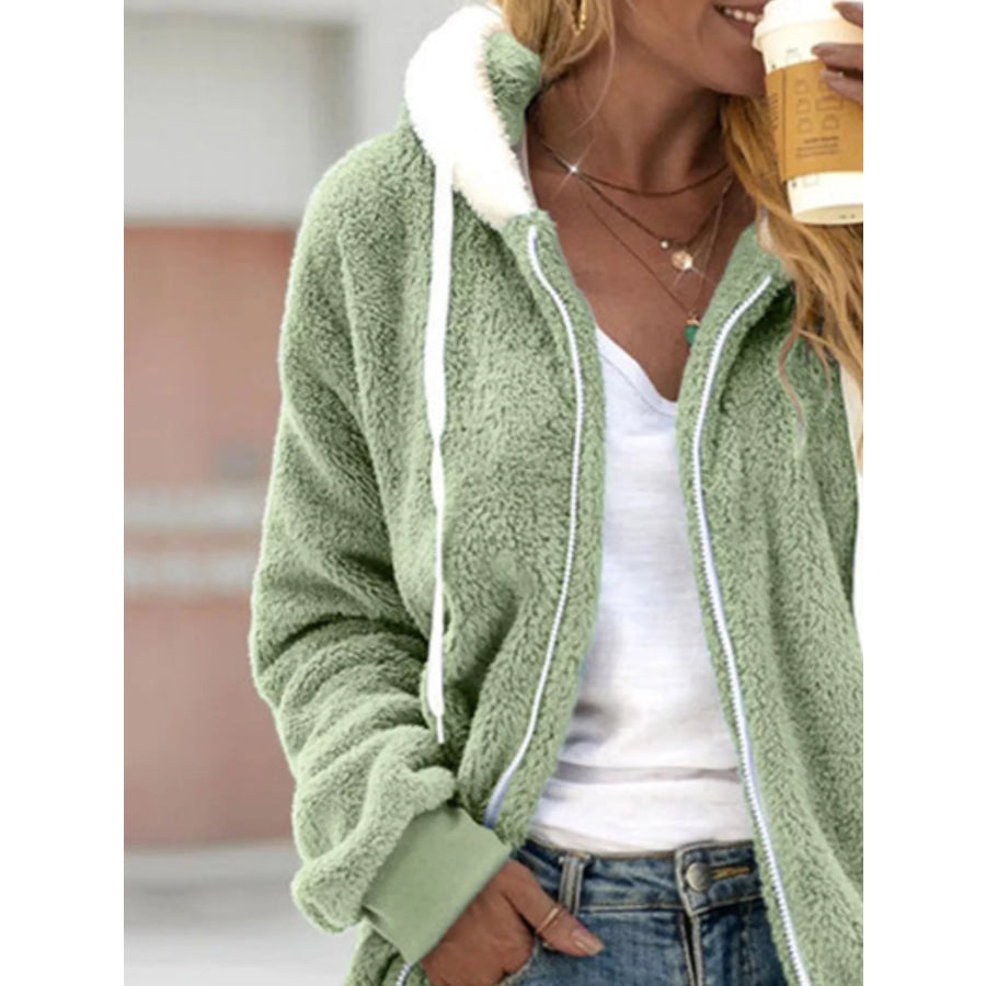 Full Size Cozy Fleece Zip-Up Hooded Jacket Plus Size Apparel and Accessories