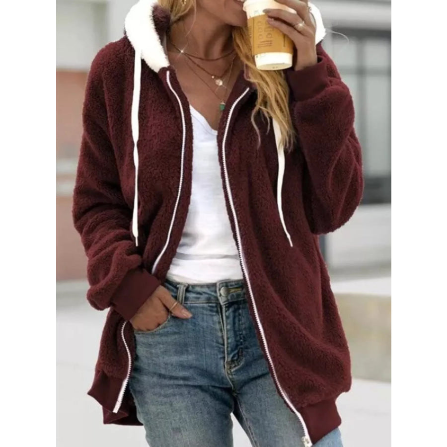 Full Size Cozy Fleece Zip-Up Hooded Jacket Plus Size Red / S Apparel and Accessories