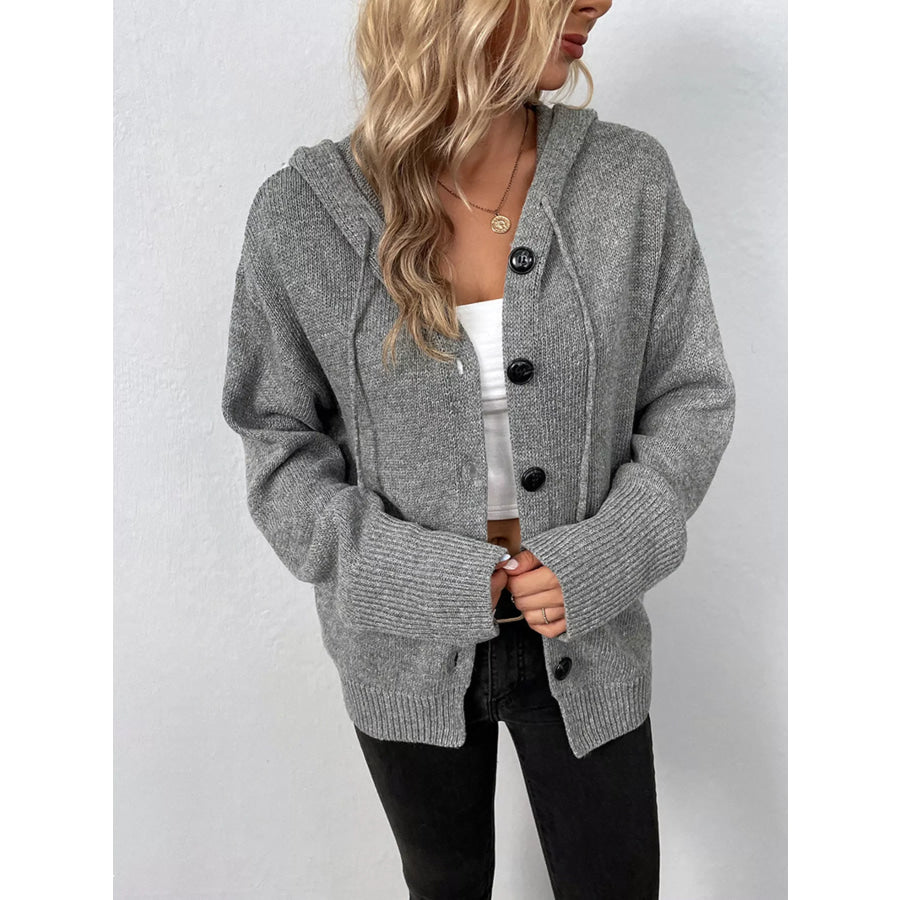Full Size Cozy Knit Hooded Button-Down Cardigan Plus Size Apparel and Accessories