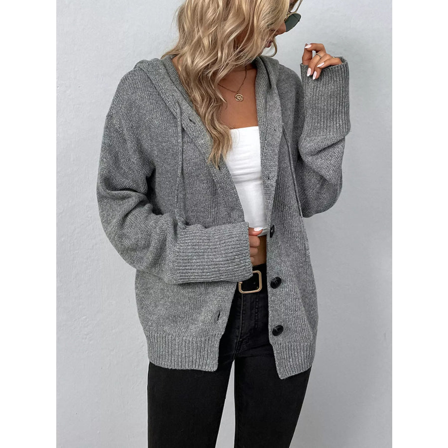 Full Size Cozy Knit Hooded Button-Down Cardigan Plus Size Apparel and Accessories