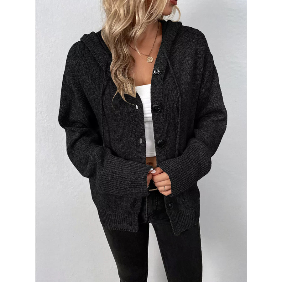 Full Size Cozy Knit Hooded Button-Down Cardigan Plus Size Apparel and Accessories