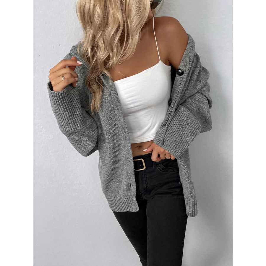 Full Size Cozy Knit Hooded Button-Down Cardigan Plus Size Apparel and Accessories