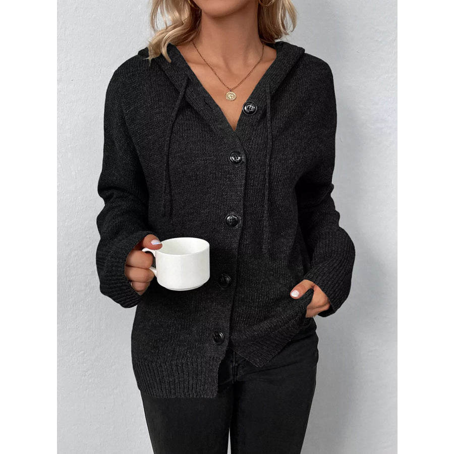 Full Size Cozy Knit Hooded Button-Down Cardigan Plus Size Black / S Apparel and Accessories