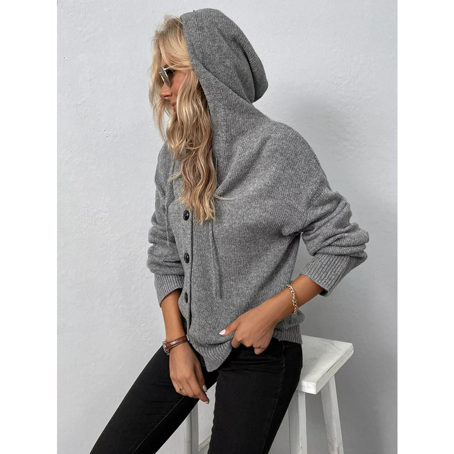 Full Size Cozy Knit Hooded Button-Down Cardigan Plus Size Gray / S Apparel and Accessories