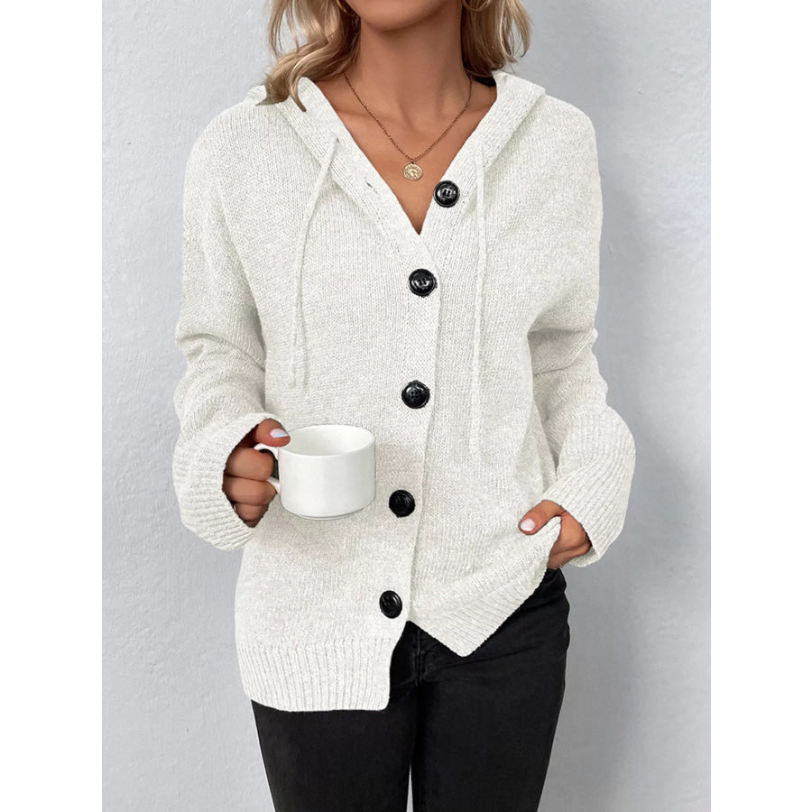 Full Size Cozy Knit Hooded Button-Down Cardigan Plus Size White / S Apparel and Accessories