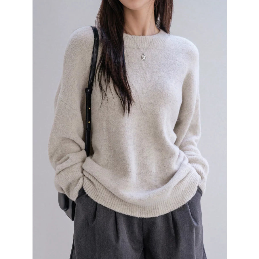 Full Size Cozy Knit Round Neck Oversized Sweater Plus Size Beige / S Apparel and Accessories