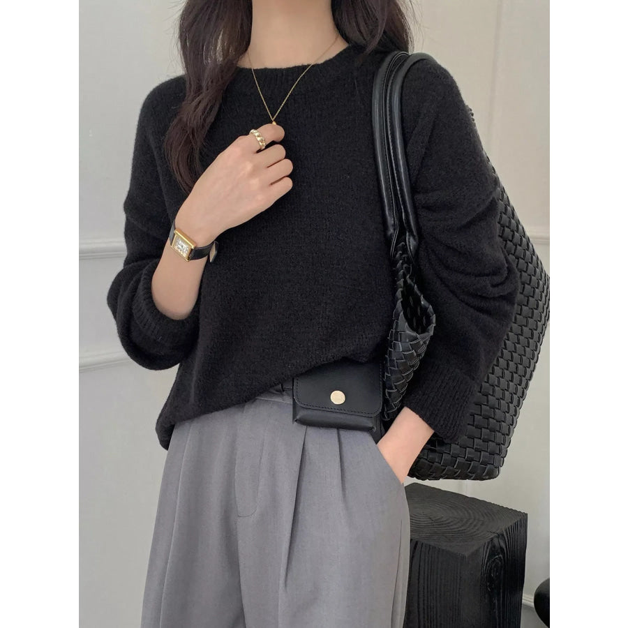 Full Size Cozy Knit Round Neck Oversized Sweater Plus Size Black / S Apparel and Accessories