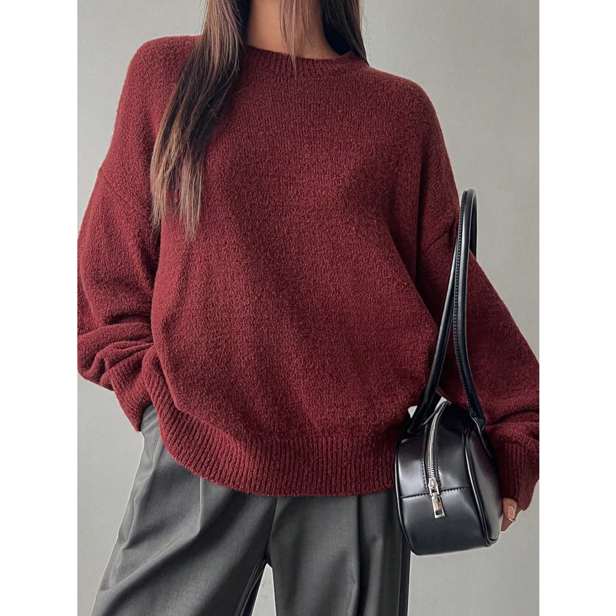 Full Size Cozy Knit Round Neck Oversized Sweater Plus Size Burgundy / S Apparel and Accessories