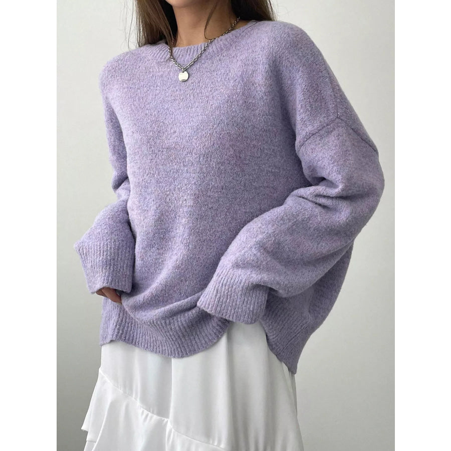 Full Size Cozy Knit Round Neck Oversized Sweater Plus Size Purple / S Apparel and Accessories