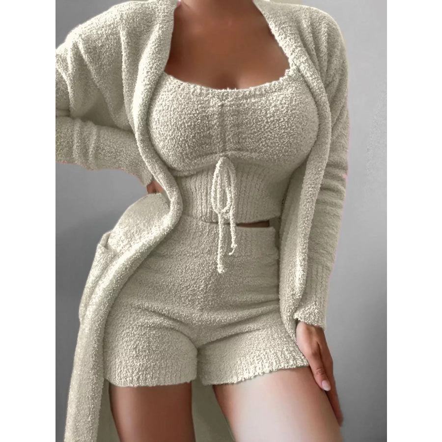 Full Size Cozy Plush Top and Shorts with Cardigan 3-Piece Set Plus Size Beige White / S Apparel and Accessories