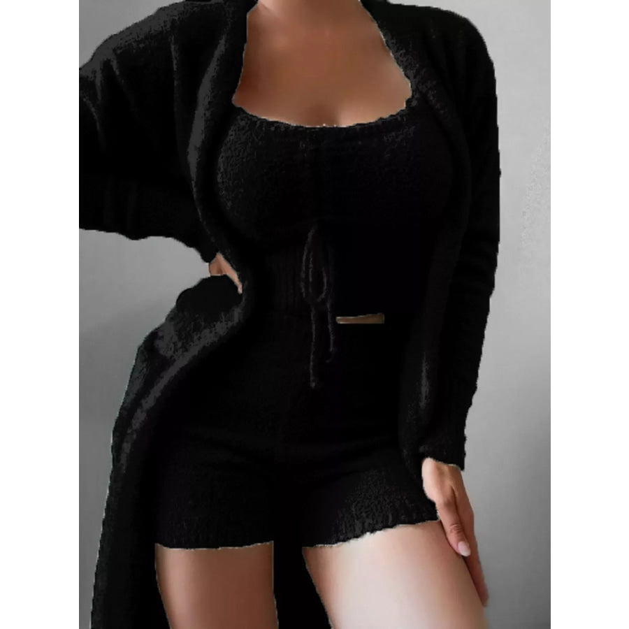 Full Size Cozy Plush Top and Shorts with Cardigan 3-Piece Set Plus Size Black / S Apparel and Accessories