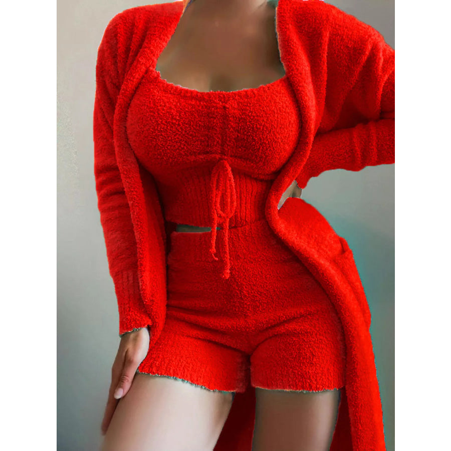 Full Size Cozy Plush Top and Shorts with Cardigan 3-Piece Set Plus Size Red / S Apparel and Accessories