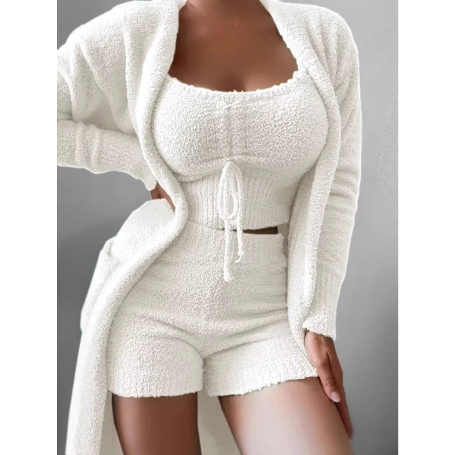 Full Size Cozy Plush Top and Shorts with Cardigan 3-Piece Set Plus Size White / S Apparel and Accessories