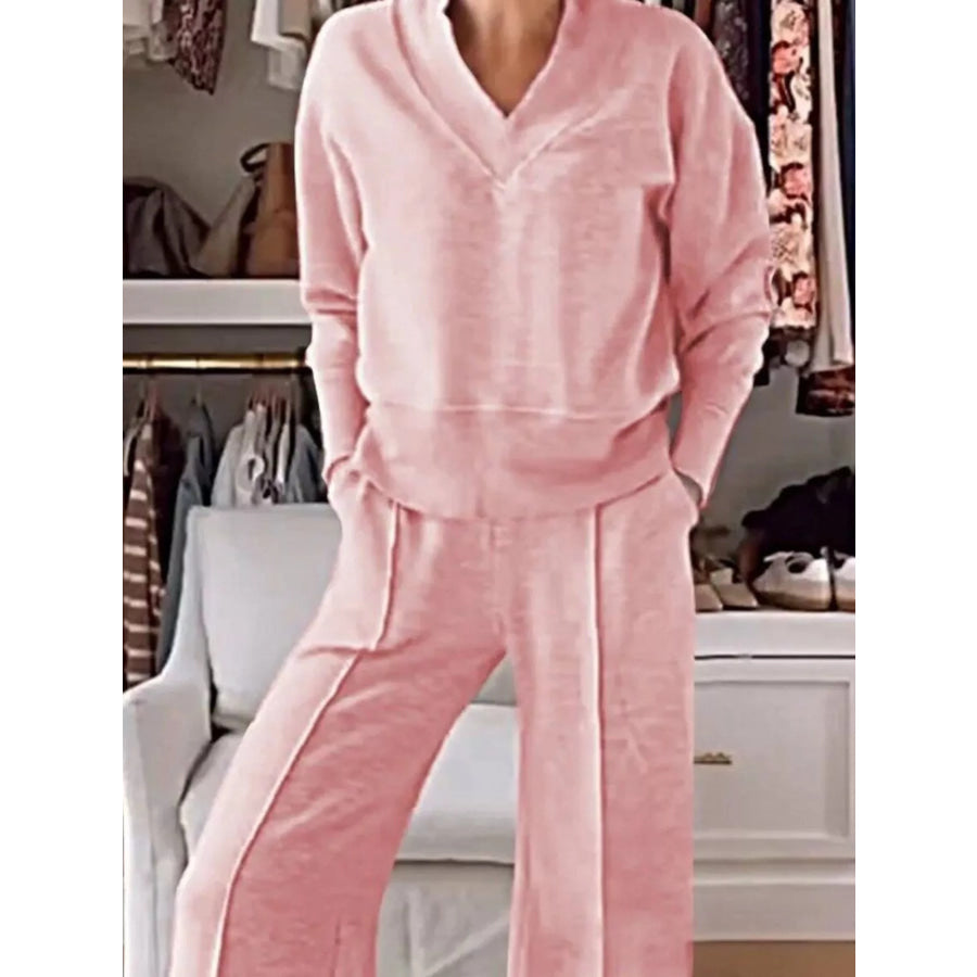 Full Size Cozy V-Neck Top and Pants Set Plus Size Apparel and Accessories
