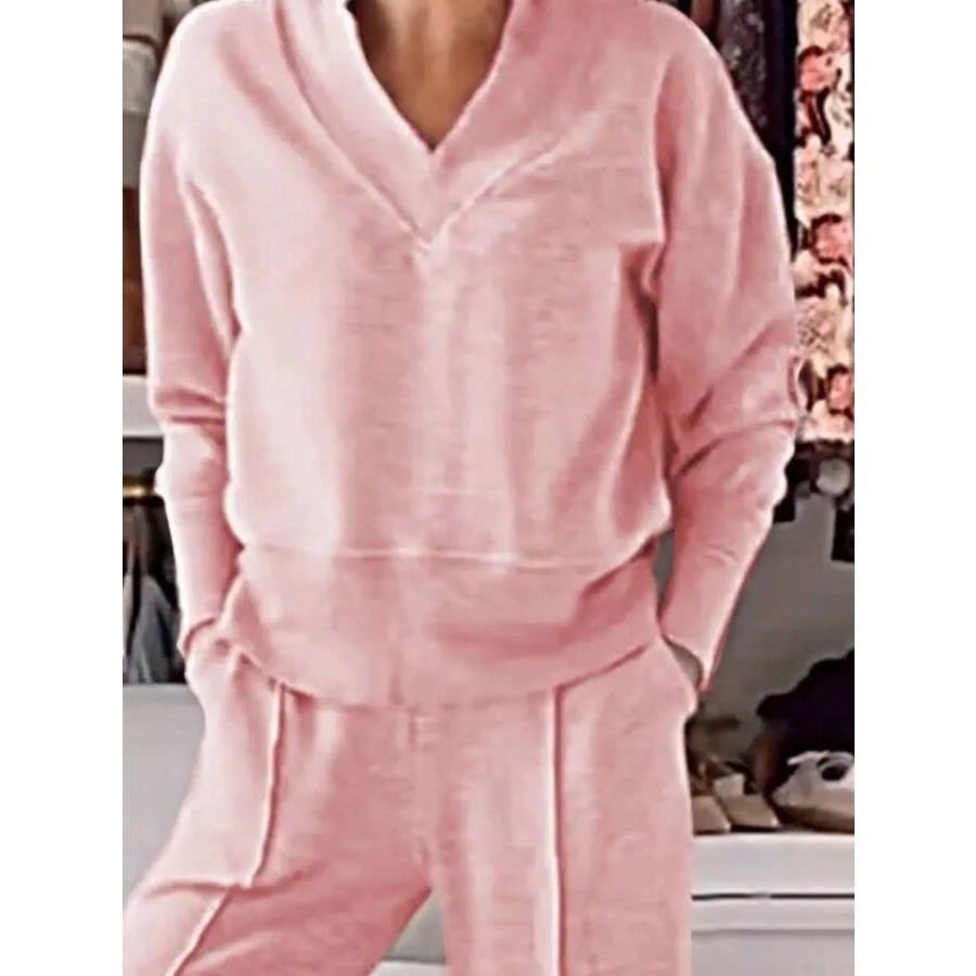 Full Size Cozy V-Neck Top and Pants Set Plus Size Apparel and Accessories