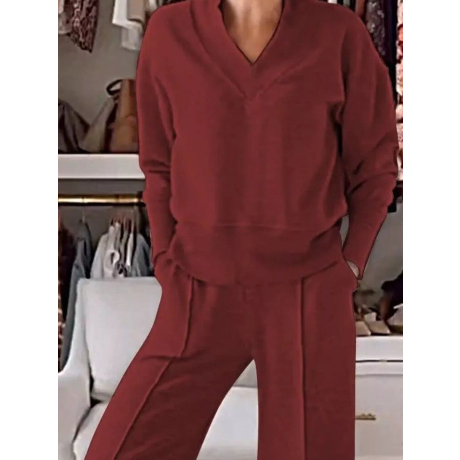 Full Size Cozy V-Neck Top and Pants Set Plus Size Apparel and Accessories