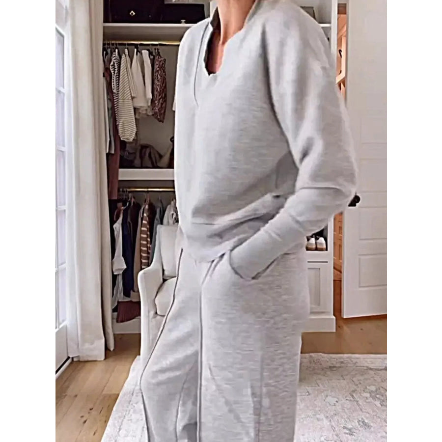 Full Size Cozy V-Neck Top and Pants Set Plus Size Apparel and Accessories