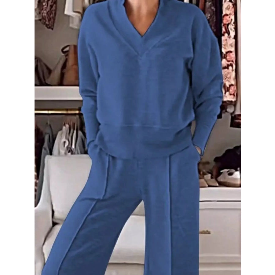 Full Size Cozy V-Neck Top and Pants Set Plus Size Apparel and Accessories