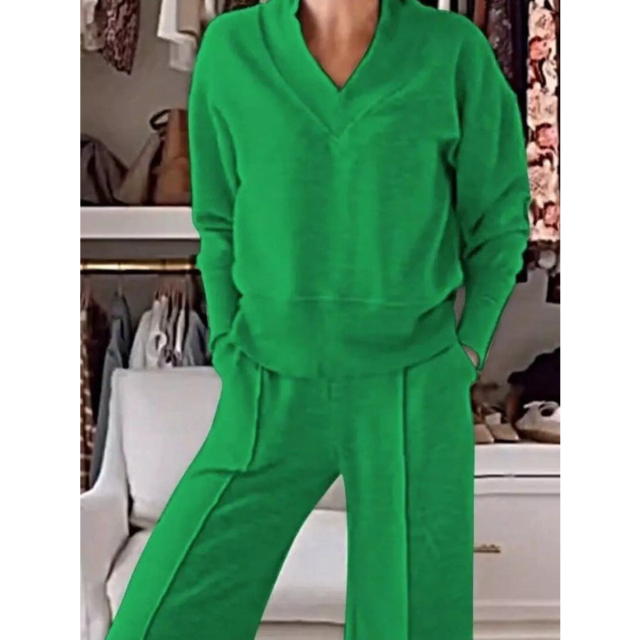 Full Size Cozy V-Neck Top and Pants Set Plus Size Apparel and Accessories