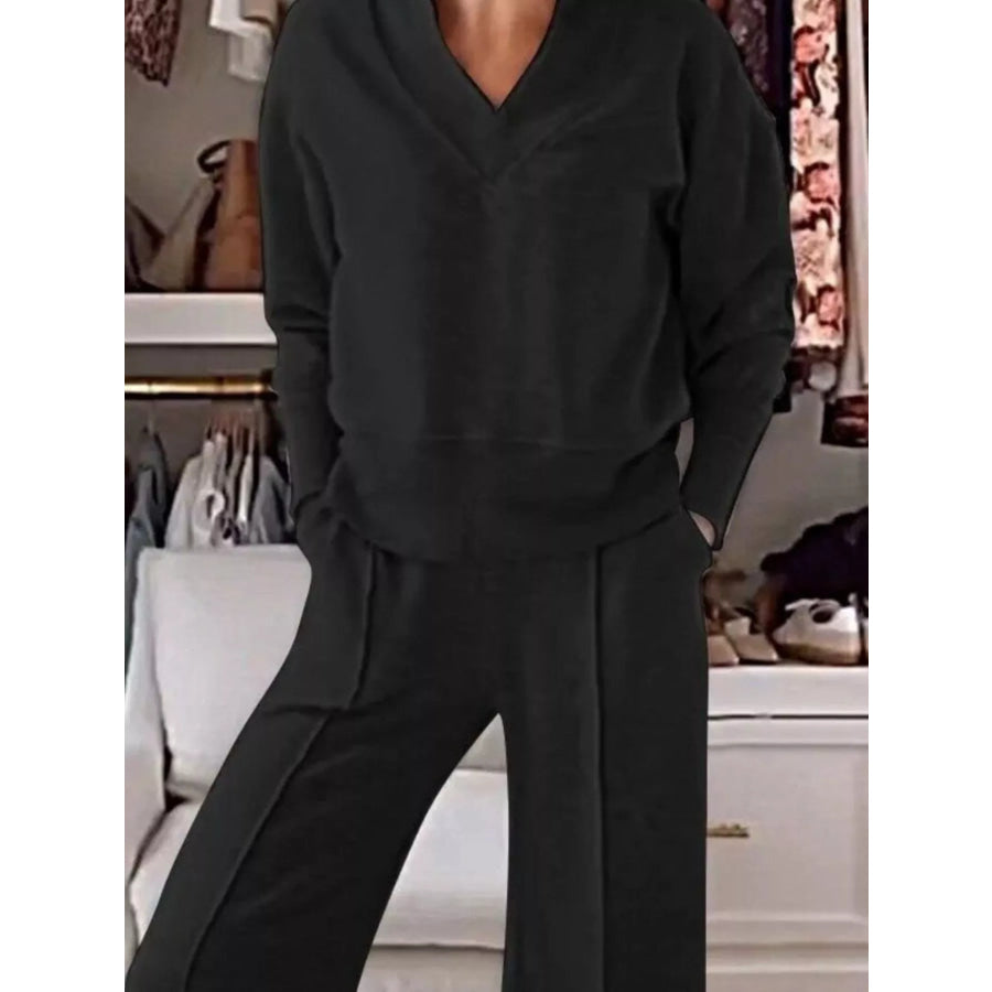 Full Size Cozy V-Neck Top and Pants Set Plus Size Apparel and Accessories