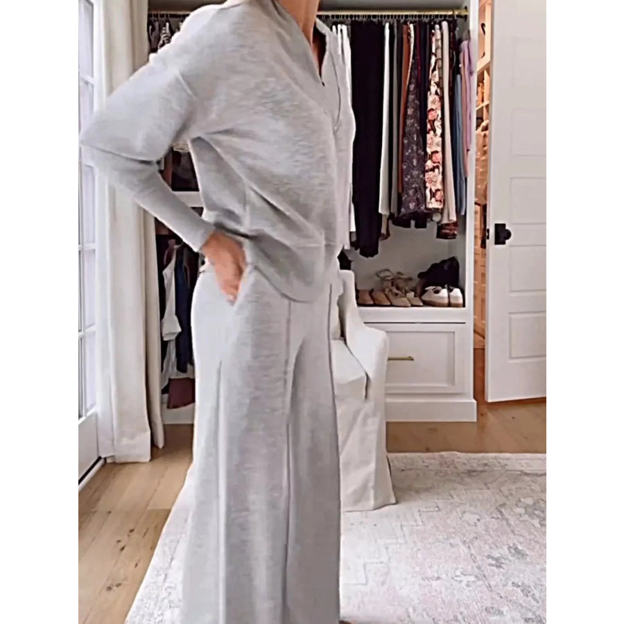 Full Size Cozy V-Neck Top and Pants Set Plus Size Apparel and Accessories
