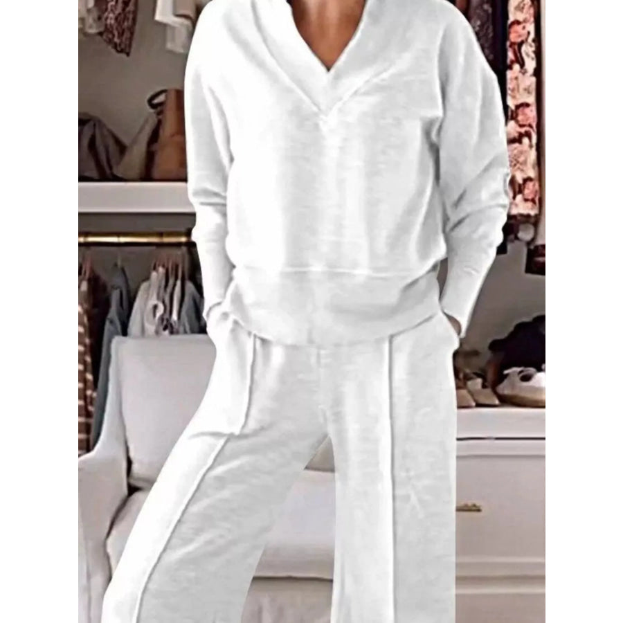 Full Size Cozy V-Neck Top and Pants Set Plus Size Apparel and Accessories
