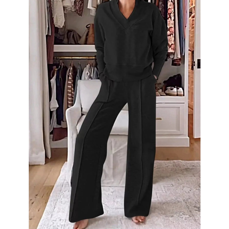 Full Size Cozy V-Neck Top and Pants Set Plus Size Black / S Apparel and Accessories
