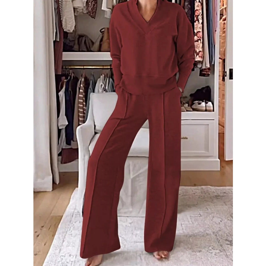 Full Size Cozy V-Neck Top and Pants Set Plus Size Burgundy / S Apparel and Accessories