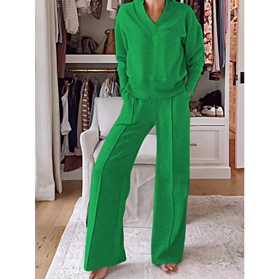 Full Size Cozy V-Neck Top and Pants Set Plus Size Green / S Apparel and Accessories