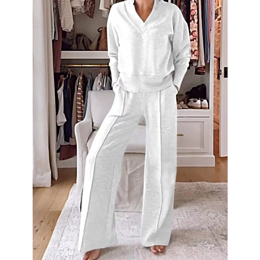 Full Size Cozy V-Neck Top and Pants Set Plus Size White / S Apparel and Accessories