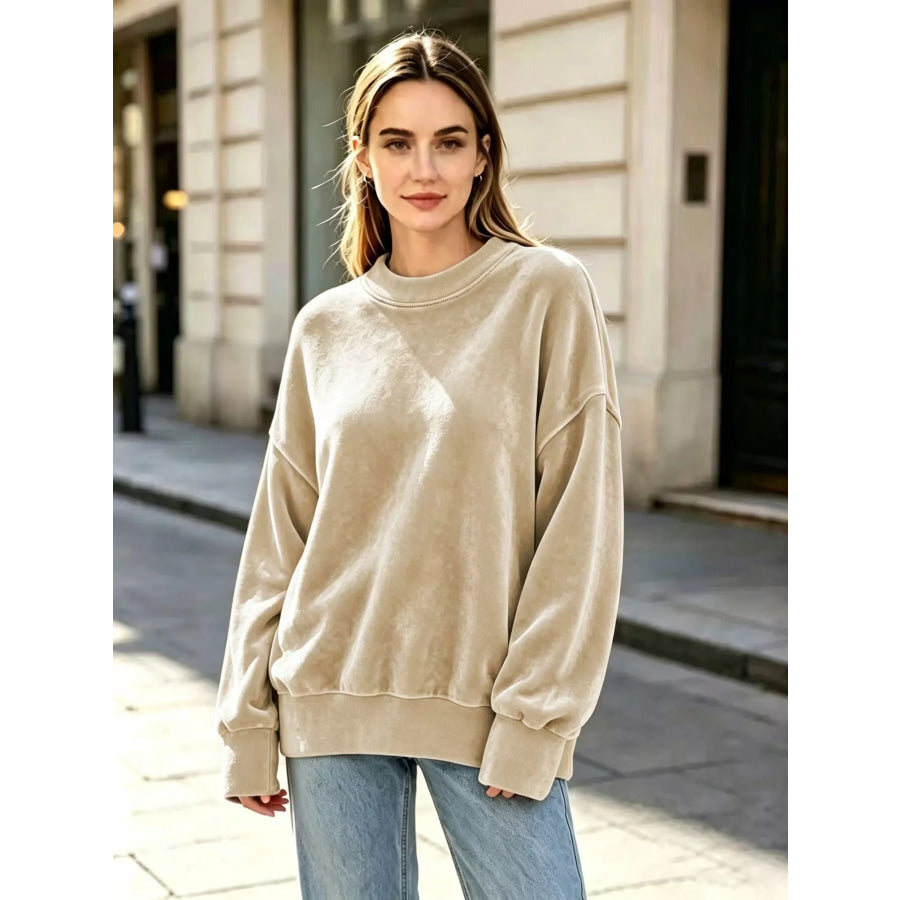 Full Size Crew Neck Dropped Shoulder Sweatshirt Plus Apricot / S Apparel and Accessories