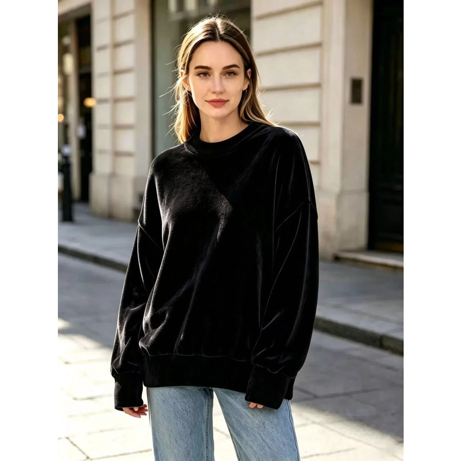 Full Size Crew Neck Dropped Shoulder Sweatshirt Plus Black / S Apparel and Accessories