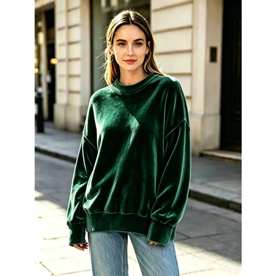 Full Size Crew Neck Dropped Shoulder Sweatshirt Plus Dark Green / S Apparel and Accessories
