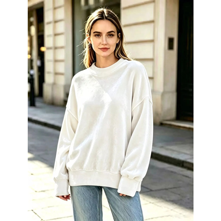 Full Size Crew Neck Dropped Shoulder Sweatshirt Plus White / S Apparel and Accessories
