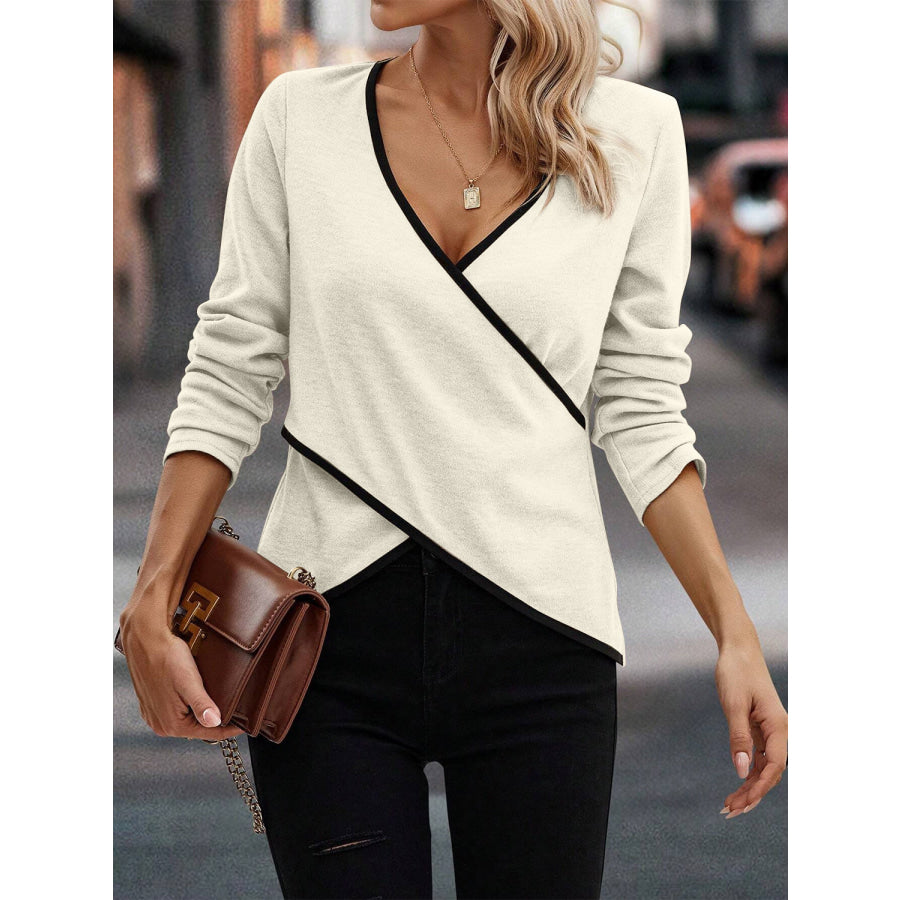 Full Size Crisscross Contrast Trim Long Sleeve T-Shirt Apparel and Accessories