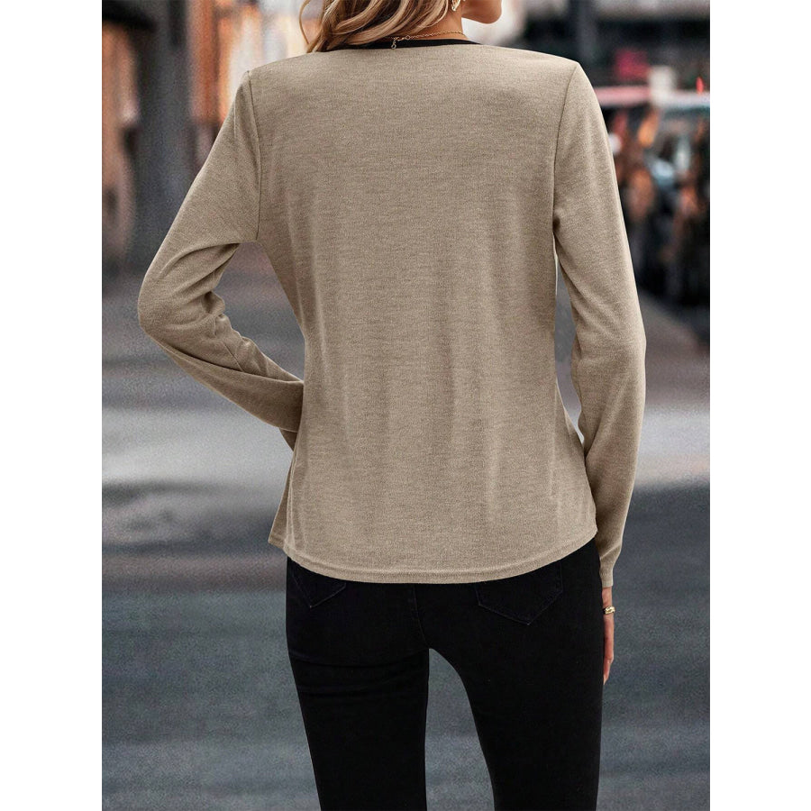 Full Size Crisscross Contrast Trim Long Sleeve T-Shirt Apparel and Accessories