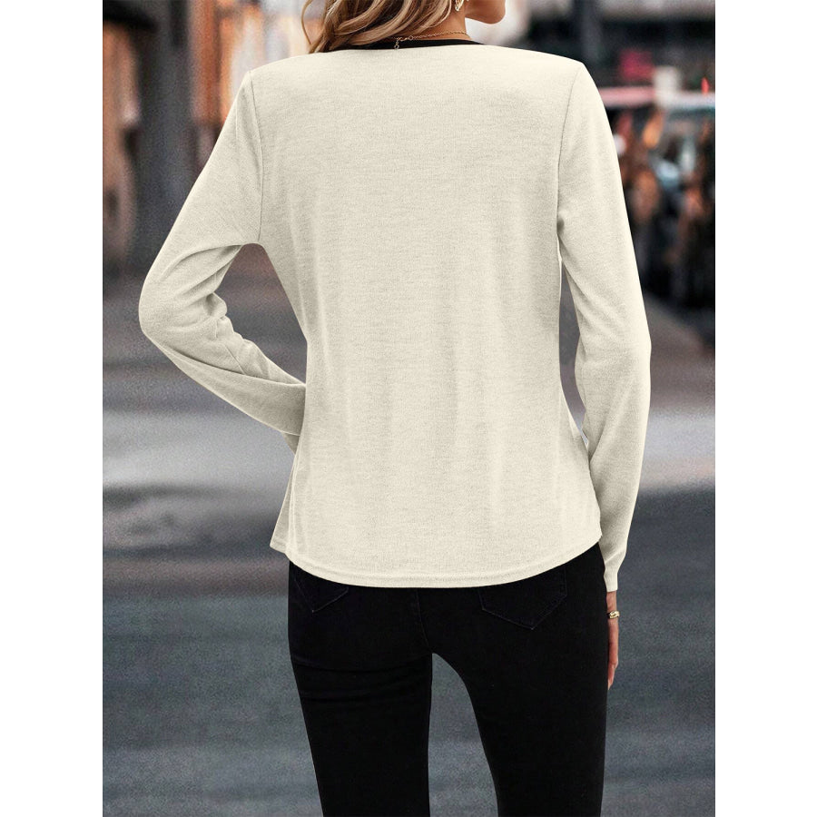 Full Size Crisscross Contrast Trim Long Sleeve T-Shirt Apparel and Accessories