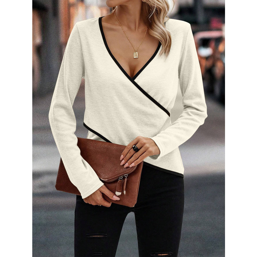 Full Size Crisscross Contrast Trim Long Sleeve T-Shirt Cream / S Apparel and Accessories