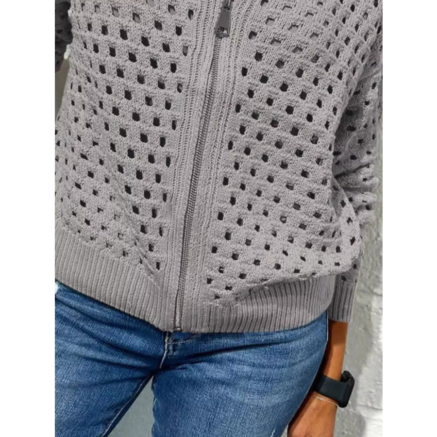 Full Size Crochet Knit Zip-Up Cardigan Plus Apparel and Accessories