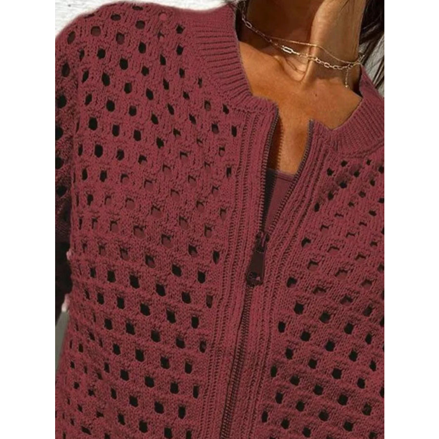 Full Size Crochet Knit Zip-Up Cardigan Plus Apparel and Accessories