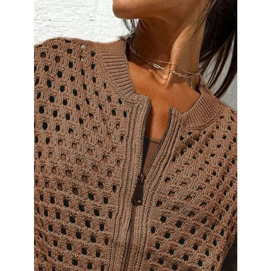 Full Size Crochet Knit Zip-Up Cardigan Plus Apparel and Accessories