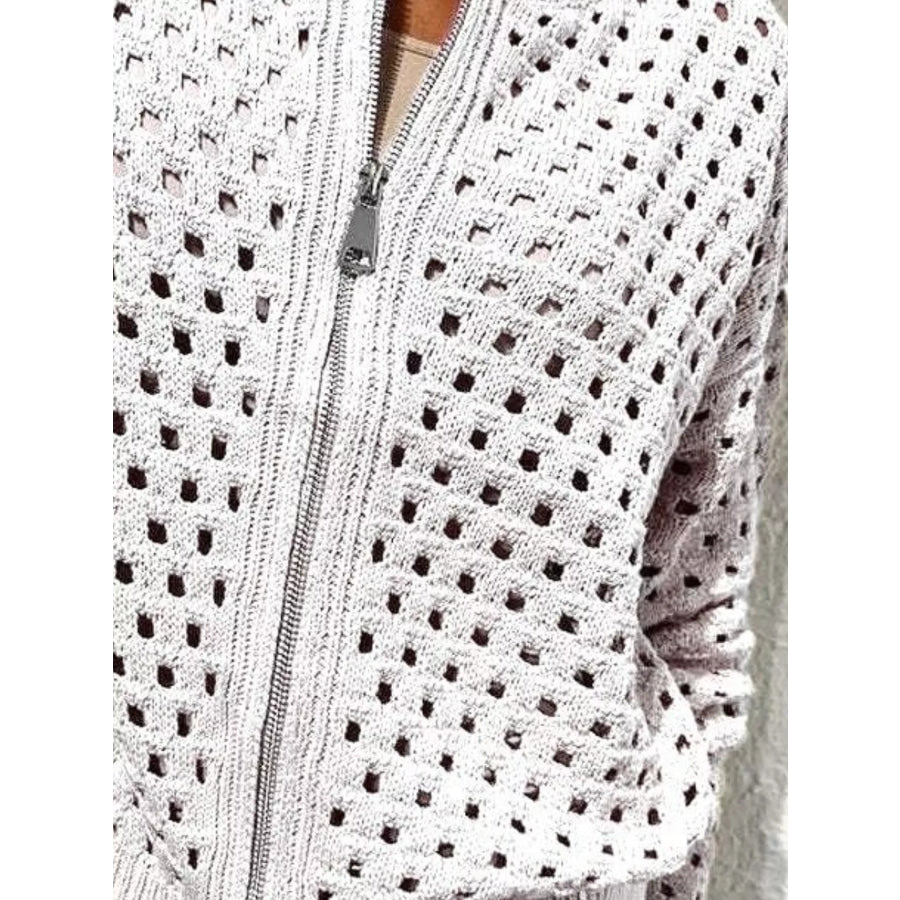 Full Size Crochet Knit Zip-Up Cardigan Plus Apparel and Accessories