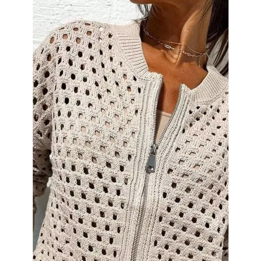 Full Size Crochet Knit Zip-Up Cardigan Plus Apparel and Accessories