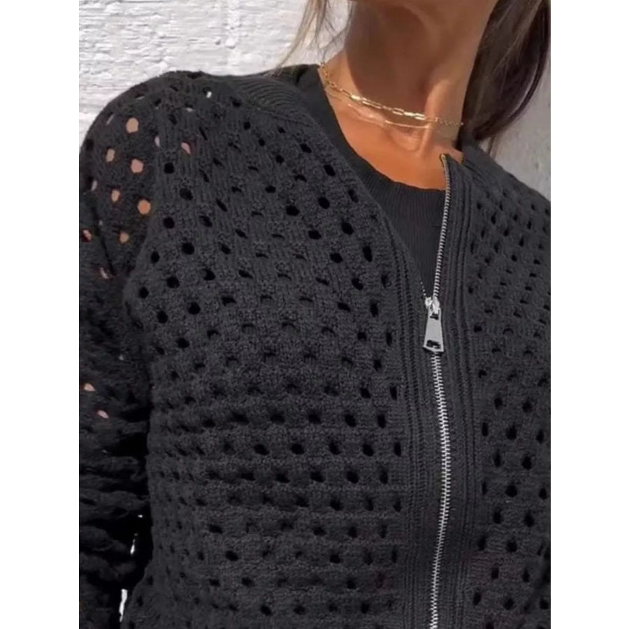 Full Size Crochet Knit Zip-Up Cardigan Plus Apparel and Accessories