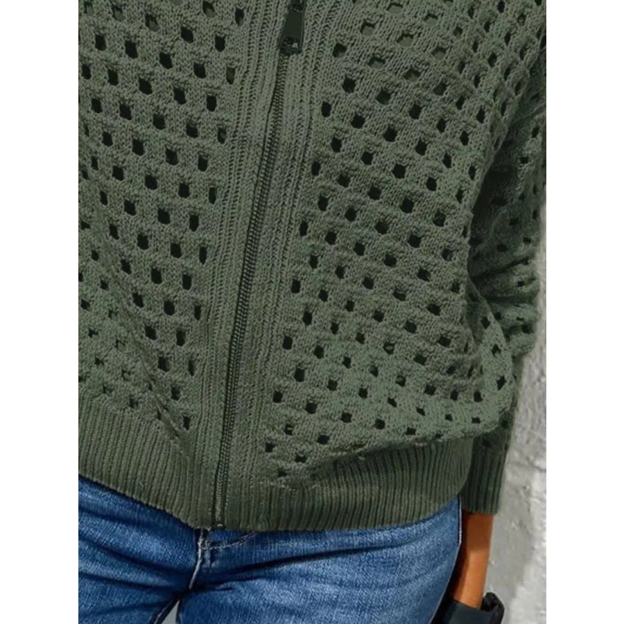 Full Size Crochet Knit Zip-Up Cardigan Plus Apparel and Accessories