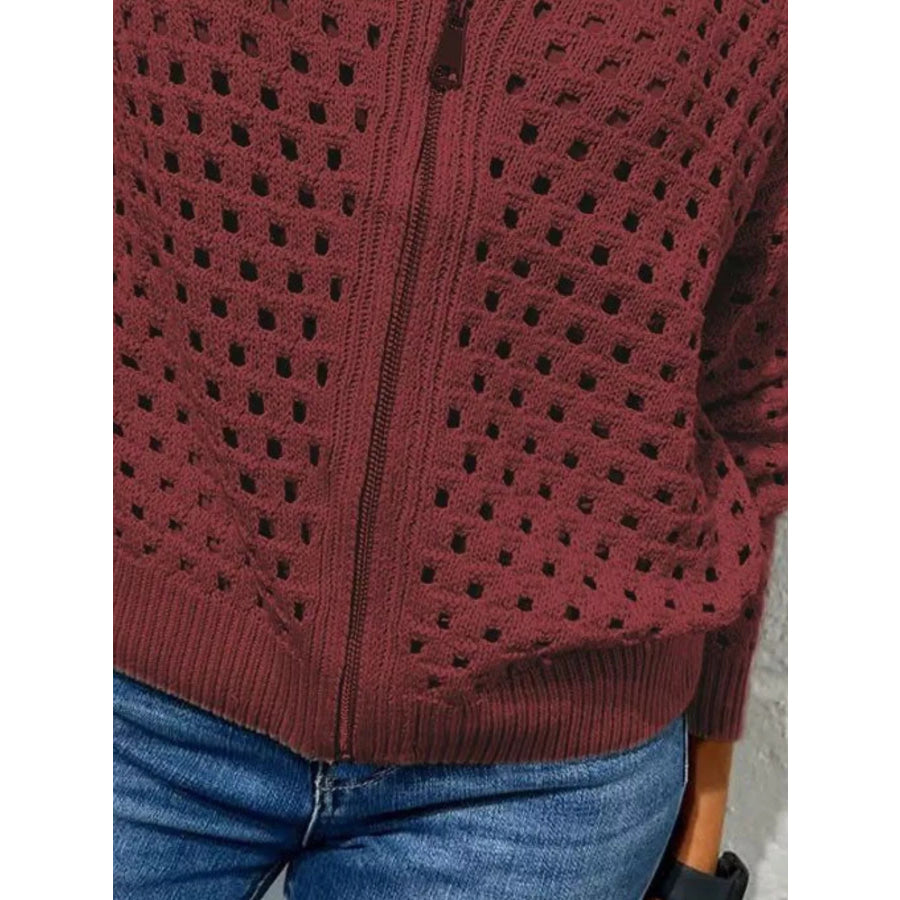 Full Size Crochet Knit Zip-Up Cardigan Plus Apparel and Accessories