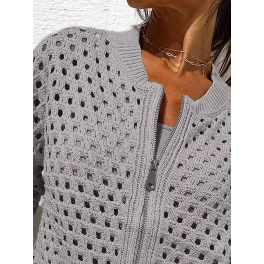 Full Size Crochet Knit Zip-Up Cardigan Plus Apparel and Accessories