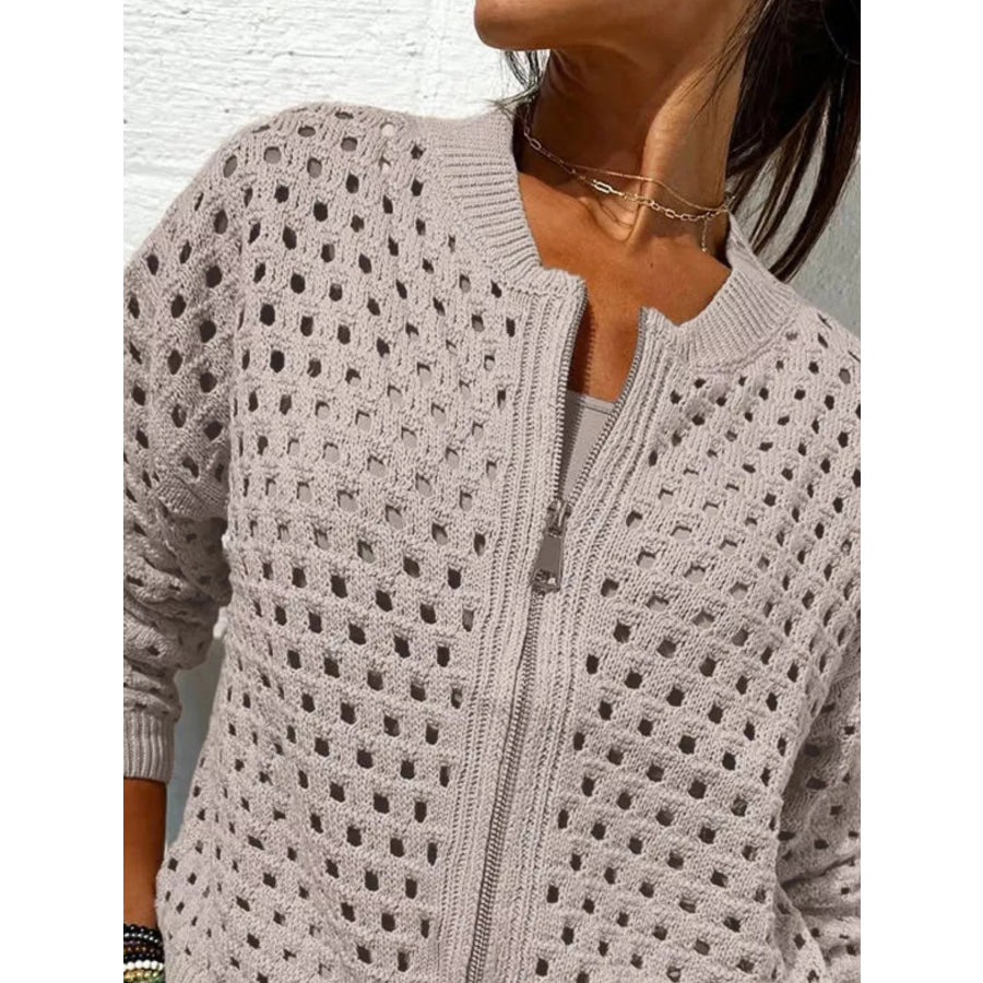 Full Size Crochet Knit Zip-Up Cardigan Plus Apparel and Accessories