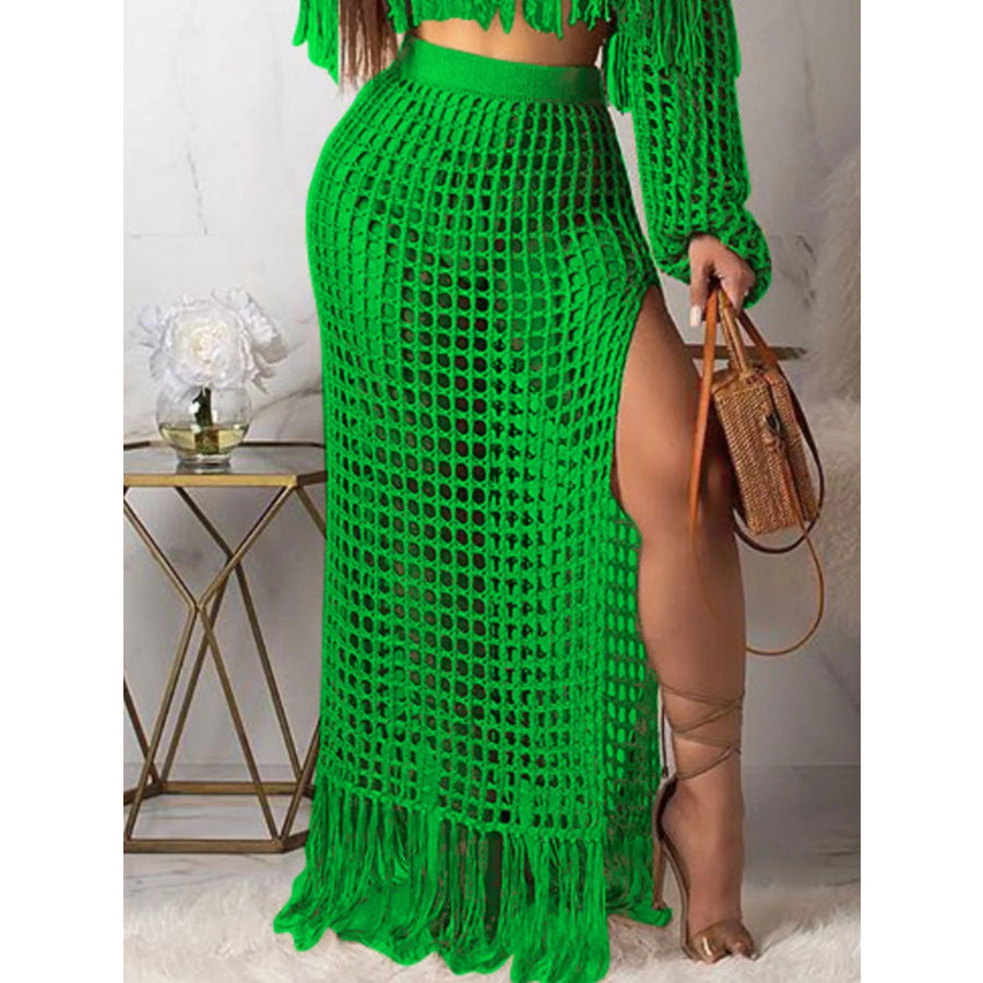 Full Size Crochet Off-Shoulder Fringe Top and Skirt Set Plus Size Apparel and Accessories