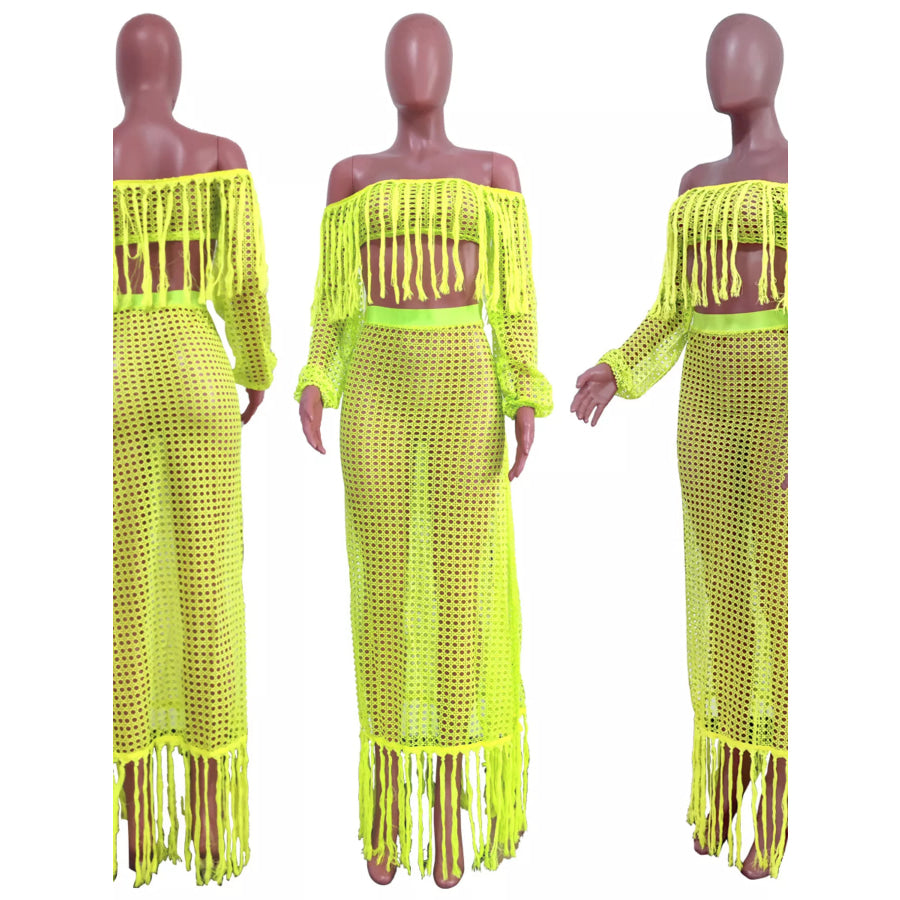 Full Size Crochet Off-Shoulder Fringe Top and Skirt Set Plus Size Apparel and Accessories